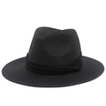 Classic black woven Panama straw hat with stylish ribbon band for sun protection - One Size / Black