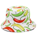 White bucket hat with colorful chili pattern print for outdoor sun protection - Chili Pattern