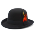 Classic black wool felt bowler hat featuring a grosgrain ribbon and colorful feather accent - Black