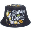 Zwarte vissershoed met Birthday Queen tekst en kleurrijke strass hoge hakken decoratie - Eén maat / Geel
