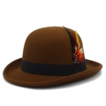 Close-up of coffee brown wool bowler hat with colorful feather accent and black ribbon trim - Coffee