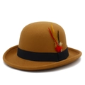 Classic camel wool bowler hat with black grosgrain ribbon and decorative feathers - Brown