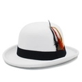 Classic white wool bowler hat with black ribbon and colorful feather accent decoration - White