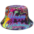 Colorful Happy Birthday graffiti bucket hat with vibrant street art print for sun protection - Multicolor Graffiti Print (BS519)