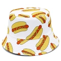 White bucket hat with colorful hot dog cartoon prints and sun protection brim - One Size / Hotdog Pattern(BS516)