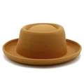 Classic camel wool pork pie hat with a round indented crown and flat brim on white background - One Size / Khaki
