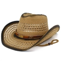Chapeau de cow-boy en paille avec couronne ajourée et ruban décoratif avec plume en métal - Taille unique / Kaki Noir