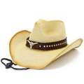 Dettaglio cappello di paglia western con fibbia in metallo a testa di toro e fascia - Taglia unica / Kaki