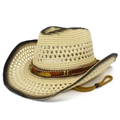 Chapeau de cowboy beige en paille avec bords brûlés, breloque plume et jugulaire réglable - Taille unique / Noir Riz