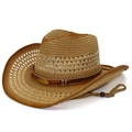Détail du chapeau de cowboy en paille tressée avec ruban en cuir décoré de perles - Taille unique / Marron Khaki
