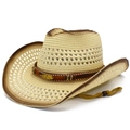 Detail of straw cowboy hat with hollow weave pattern and golden feather charm - One Size / Beige Coffee