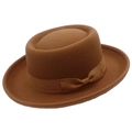 Classic dark brown wool pork pie hat with elegant grosgrain ribbon and bow decoration - Brown