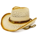 Straw cowboy hat with ethnic style band, feather charm and adjustable wind rope - One Size / Beige Brown