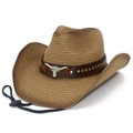 Cappello da cowboy in paglia stile western con emblema testa di toro e cinturino regolabile - Taglia unica / Marrone