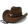 Brauner Stroh-Cowboyhut mit Lederband, silbernem Stierkopf-Logo und verstellbarem Band - Einheitsgröße / Kaffeebraun