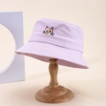 Light purple bucket hat with cute cartoon cat embroidery and decorative brim stitching - One Size / Purple