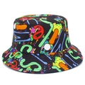 Street style graffiti bucket hat in black with vibrant colorful paint splatter patterns - Multicolor Trendy Graffiti (BS552)