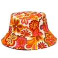 Cappello a secchiello retrò con vivace stampa floreale e colori primaverili su bianco - Taglia unica / Fiori Pop Art Vintage (BS554)