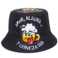 Bob noir en coton avec imprimé de bière humoristique et texte espagnol sur fond blanc - Taille unique / Style Chope de Bière Dessin Animé (BS569)