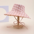 Detail of pink plaid sun hat with wide brim and matching adjustable wind strap - Light Pink White Grid (4#)