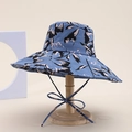 Detailed view of wide brim sun hat with blue-grey floral print and cotton chin strap - Blue Gray Abstract Floral Style (2#)