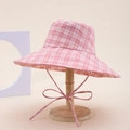 Detail of pink plaid sun hat with wide brim and adjustable bow tie strap - Pink White Grid (3#)