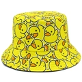 Detailed view of reinforced stitching and cartoon duck print on yellow cotton bucket hat - Bright Yellow Full Print Cute Duck (5#)