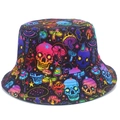 Cappello da sole reversibile con teschi neon colorati e funghi su tessuto di tela nera - Stile Teschio Fungo Neon (BS581)