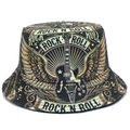 Sombrero de pescador negro con estampado de guitarra rock n roll y alas doradas de moda - Talla única