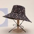 Detail of wide brim sun hat with red floral pattern on black fabric and windproof ribbon - Black With Red Floral Style (16#)