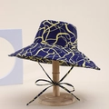 Close-up of a wide-brim dark blue sun hat with yellow abstract print and adjustable wind rope - Navy Yellow Abstract Line Style (21#)