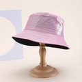 Metallic pink PU leather bucket hat with holographic finish on a wooden stand - One Size / Iridescent Pink