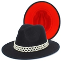 Cappello Fedora classico nero e rosso con fascia di perle, cappello in lana bicolore donna - Stile Perle a 3 File (1#)