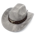 Detail of western cowboy hat with leather band and silver bull skull ornament - Light Gray