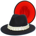 Cappello fedora classico bicolore nero e rosso con elegante fascia di perle decorativa - Stile Fascia Larga di Perle (2#)