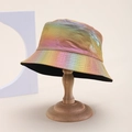 Rainbow metallic PU bucket hat with colorful gradient finish on a minimalist display stand - Mixed Iridescent Rainbow (1#)