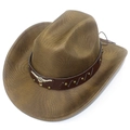 Detail of western straw cowboy hat with bronze bull head ornament and studded leather band - Brown