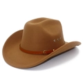 Dettaglio cappello da cowboy in lana cammello con cinturino in pelle e fibbia dorata - Taglia unica / Marrone