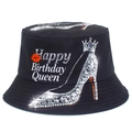 Zwarte vissershoed met glitter hakken print en de tekst Happy Birthday Queen - Eén maat / Zilver