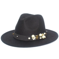 Eleganter schwarzer Fedora-Hut mit Perlen und floralen Nieten im britischen Jazz-Stil - Perlen Blumen Nieten Mischdekor-Stil