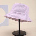 Elegant pink and white striped bucket hat with rhinestones on a metal display stand - One Size / Pink