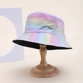 Iridescent metallic bucket hat with rainbow laser coating on a wooden display stand - Blue Green Iridescent (4#)