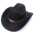 Detail view of woven black cowboy hat featuring a leather band with golden bull skull icon - Black