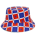 Red blue and white geometric checkered bucket hat with national flag emblem design - One Size / Red White Blue Geometric Style (BS637)