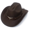 Detail of dark brown cowboy hat featuring leather band with bull skull and brass rivets - Coffee