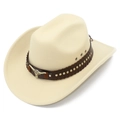 Dettaglio di un cappello da cowboy beige con decoro vintage a testa di toro e fascia borchiata - Taglia unica / Beige