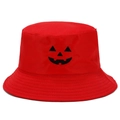 Halloween pumpkin embroidered red bucket hat with festive jack-o'-lantern face design - Red