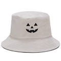 Unisex beige canvas bucket hat featuring a black embroidered Halloween pumpkin face - Beige