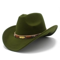 Detail of olive green felt cowboy hat featuring woven band with gold feather and beads - Army Green