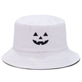 White cotton bucket hat with black Halloween pumpkin embroidery for festive casual wear - White